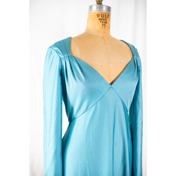 Vintage 70s Aqua Maxi Dress, Eva Gabor by Estevez Formal Evening Gown Retro Med - Picture 11 of 12